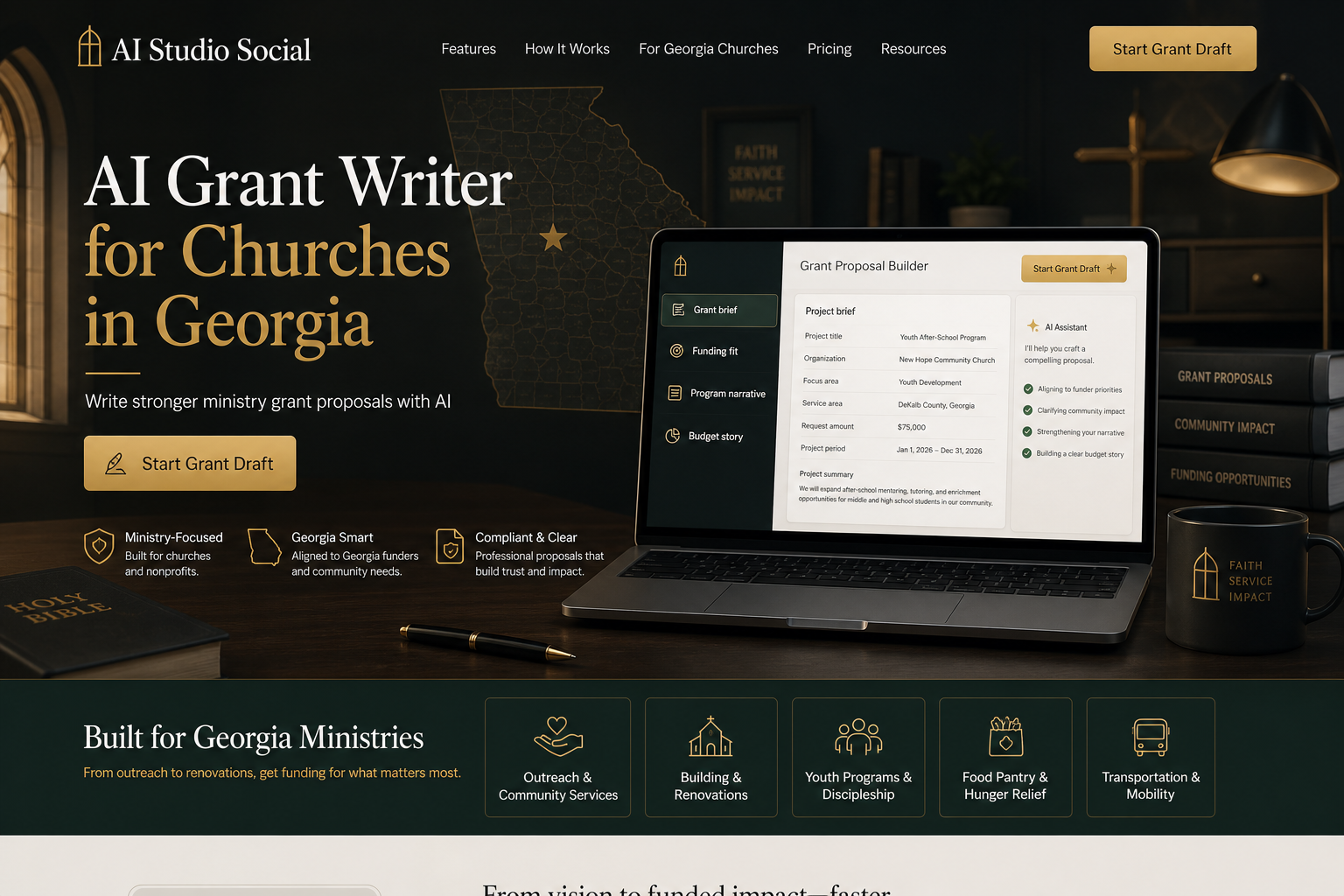 AI grant writer landing page concept