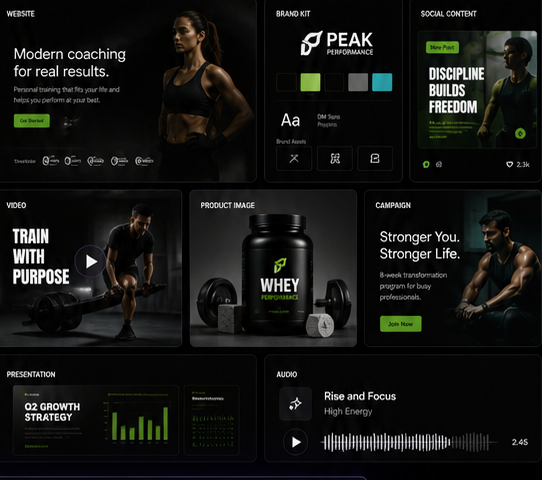 AI Studio Social generated website, brand, social, video, product, presentation, and audio outputs